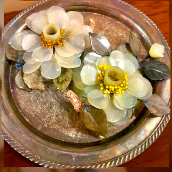 Antique Pair Of Carved Jade Candle Holder Jade Flower Candle Holders set of 2 - Picture 3 of 13